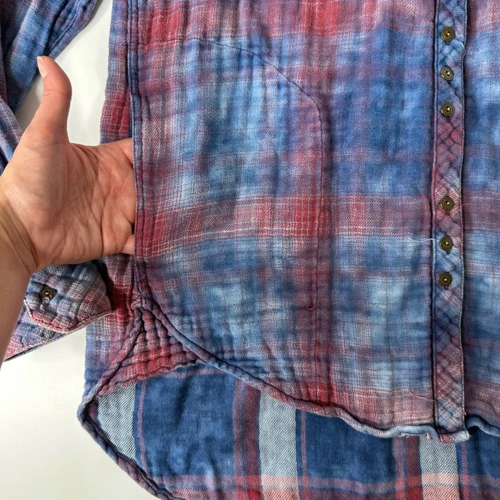 Free People Oversized Double Dip Plaid Shirt Blue Red‎ Button Up Gauzy Sz XS